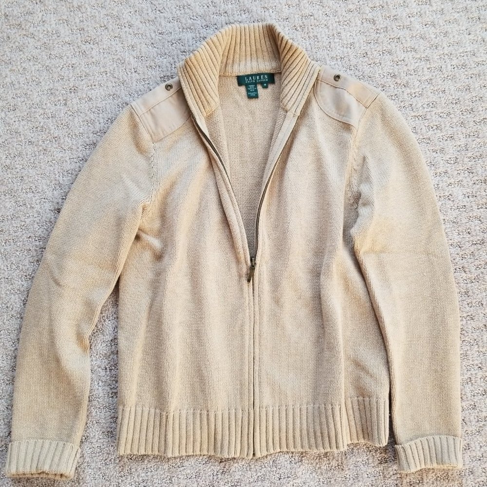 Lauren Ralph Lauren Beige Cotton Knit Cardigan Sweater, Full Zip, Medium, EUC!